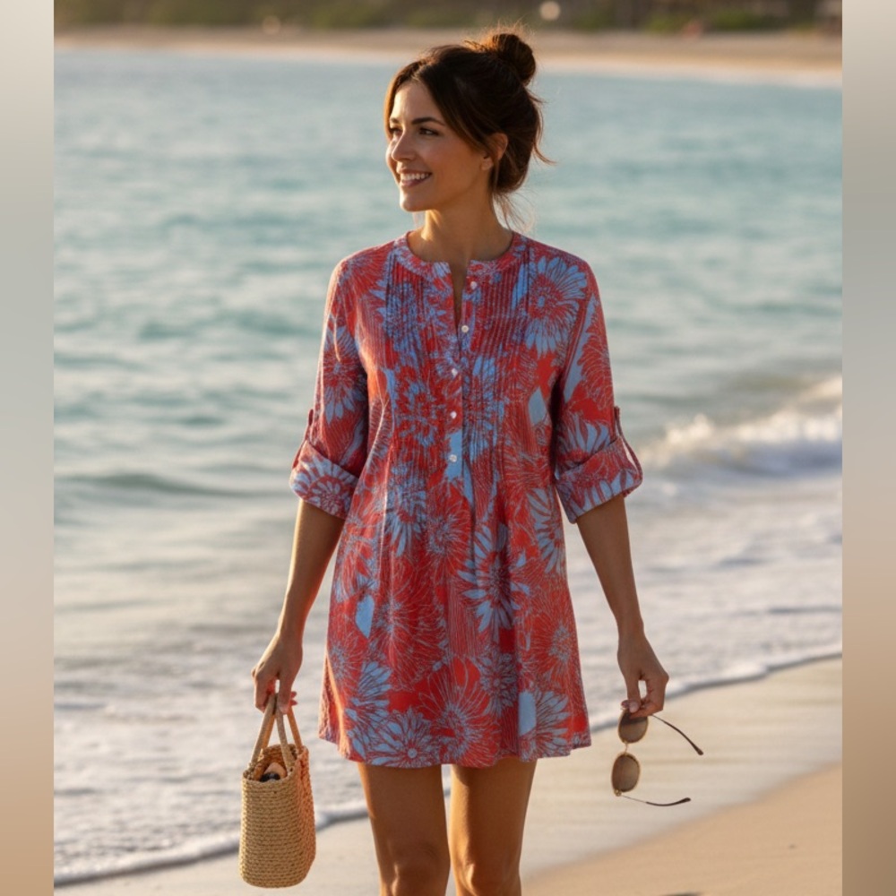 $198 J.McLaughlin Floral Tropical Cotton Tunic orange/blue L